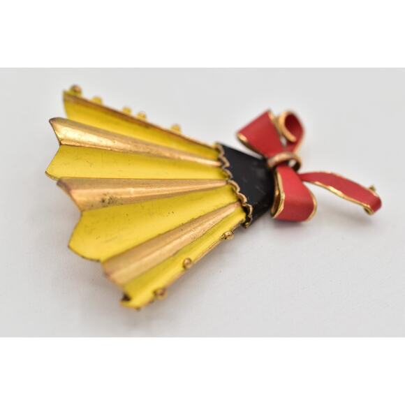 Germany Vintage Fan Pin Brooch Yellow Red Enamel Signed Art Deco Mid 1940s Bin4 - Picture 9 of 12